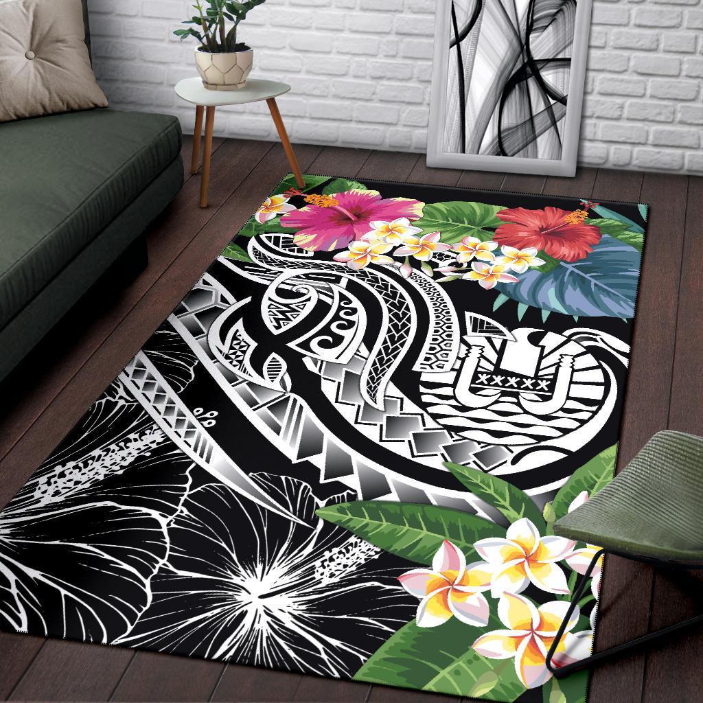 Tahiti Polynesian Area Rug - Summer Plumeria (Black)