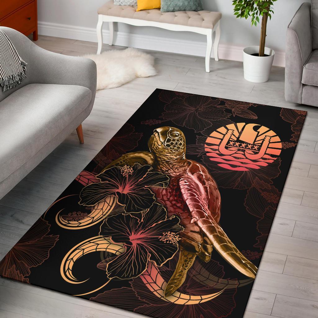 Tahiti Polynesian Area Rugs - Turtle With Blooming Hibiscus Gold