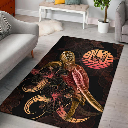 Tahiti Polynesian Area Rugs - Turtle With Blooming Hibiscus Gold