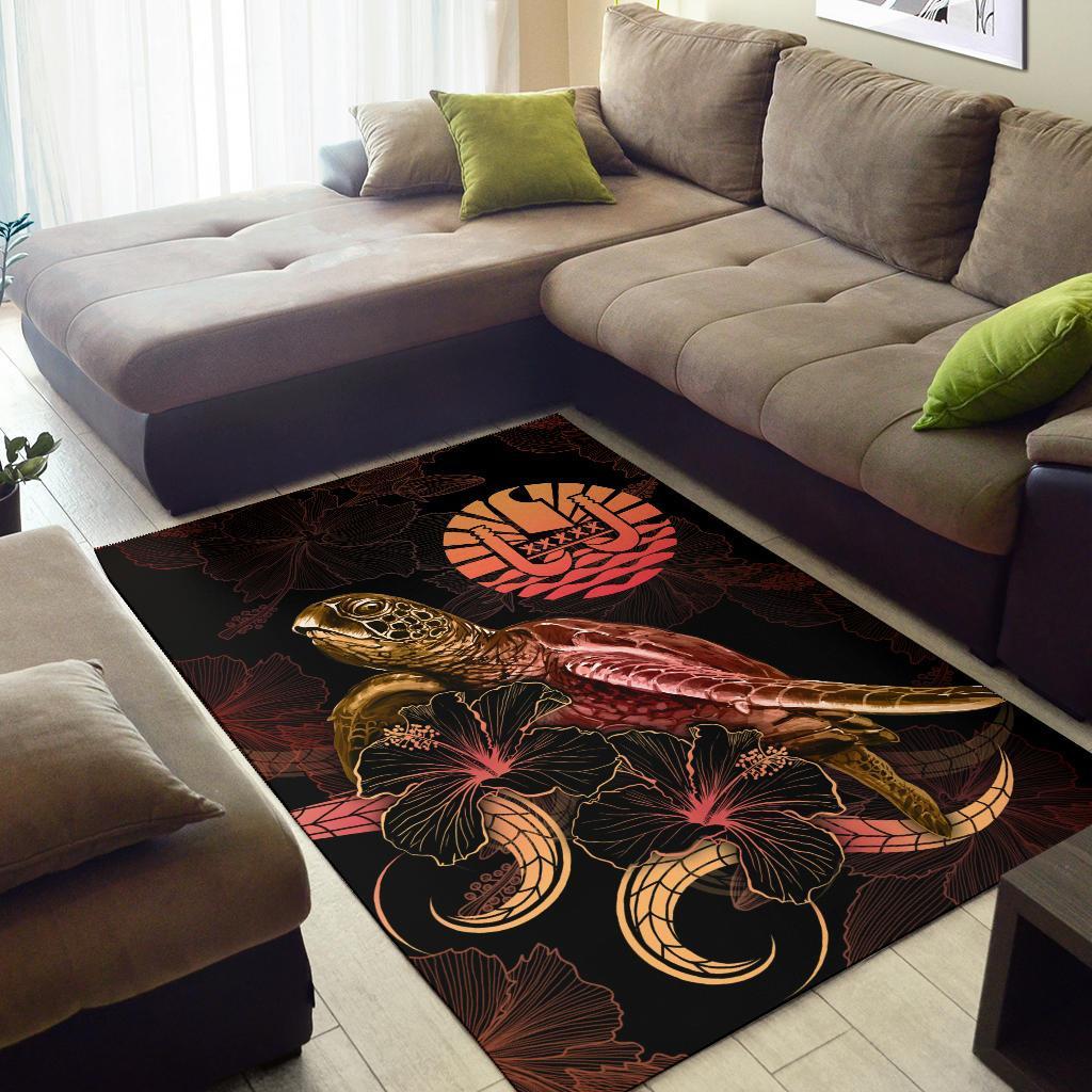 Tahiti Polynesian Area Rugs - Turtle With Blooming Hibiscus Gold