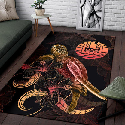 Tahiti Polynesian Area Rugs - Turtle With Blooming Hibiscus Gold