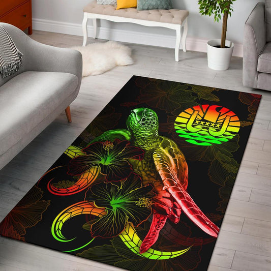 Tahiti Polynesian Area Rugs - Turtle With Blooming Hibiscus Reggae