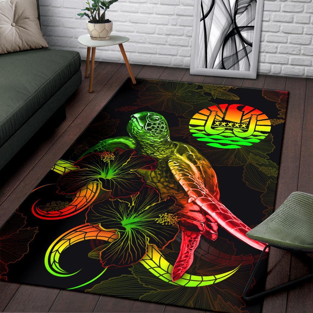 Tahiti Polynesian Area Rugs - Turtle With Blooming Hibiscus Reggae