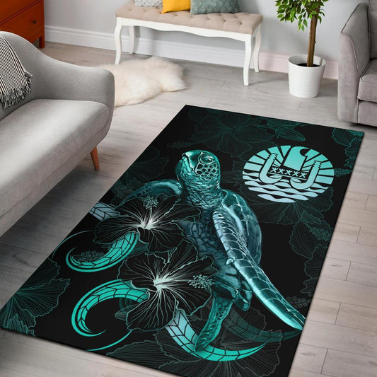 Tahiti Polynesian Area Rugs - Turtle With Blooming Hibiscus Turquoise