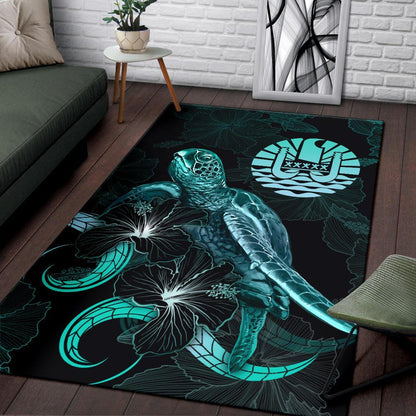 Tahiti Polynesian Area Rugs - Turtle With Blooming Hibiscus Turquoise