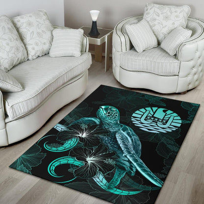 Tahiti Polynesian Area Rugs - Turtle With Blooming Hibiscus Turquoise