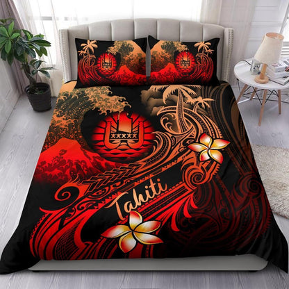 Tahiti Polynesian Bedding Set - Plumeria Flowers And Waves
