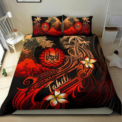 Tahiti Polynesian Bedding Set - Plumeria Flowers And Waves