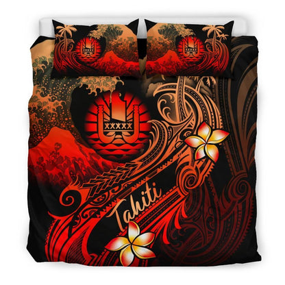 Tahiti Polynesian Bedding Set - Plumeria Flowers And Waves