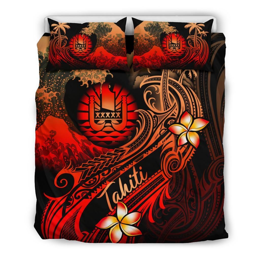 Tahiti Polynesian Bedding Set - Plumeria Flowers And Waves