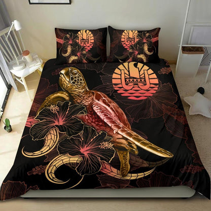 Tahiti Polynesian Bedding Set - Turtle With Blooming Hibiscus Gold