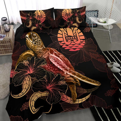 Tahiti Polynesian Bedding Set - Turtle With Blooming Hibiscus Gold