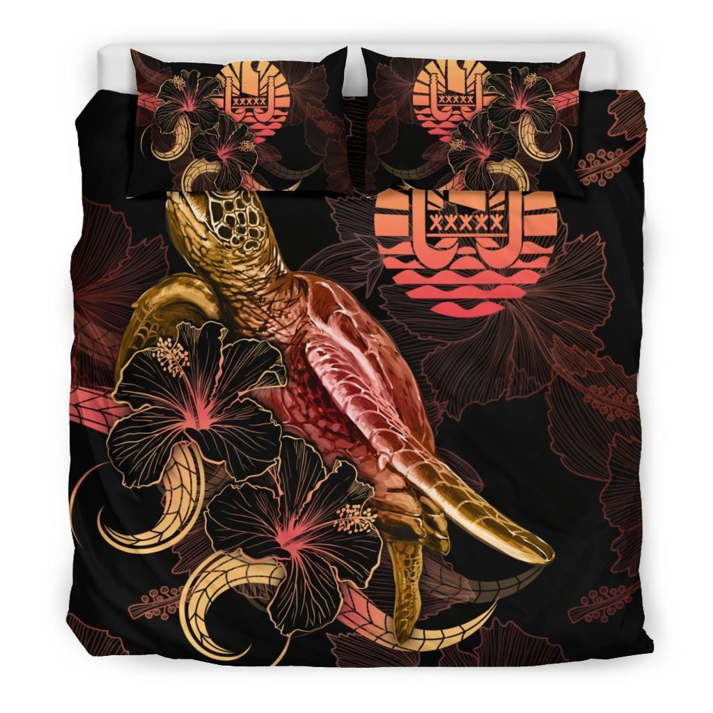 Tahiti Polynesian Bedding Set - Turtle With Blooming Hibiscus Gold