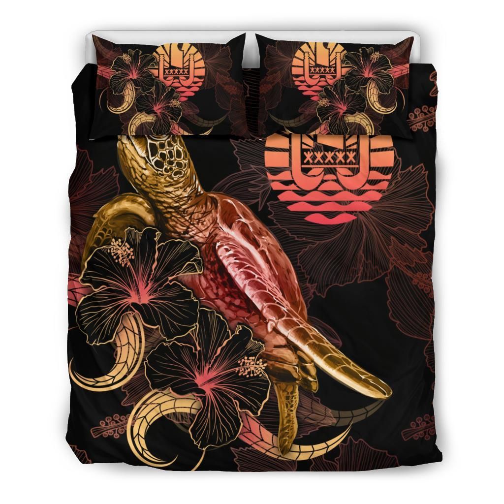 Tahiti Polynesian Bedding Set - Turtle With Blooming Hibiscus Gold