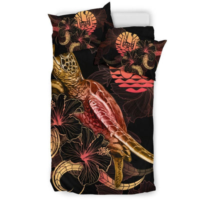 Tahiti Polynesian Bedding Set - Turtle With Blooming Hibiscus Gold