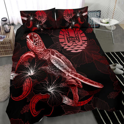 Tahiti Polynesian Bedding Set - Turtle With Blooming Hibiscus Red