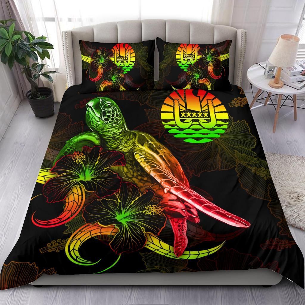 Tahiti Polynesian Bedding Set - Turtle With Blooming Hibiscus Reggae