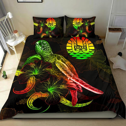 Tahiti Polynesian Bedding Set - Turtle With Blooming Hibiscus Reggae