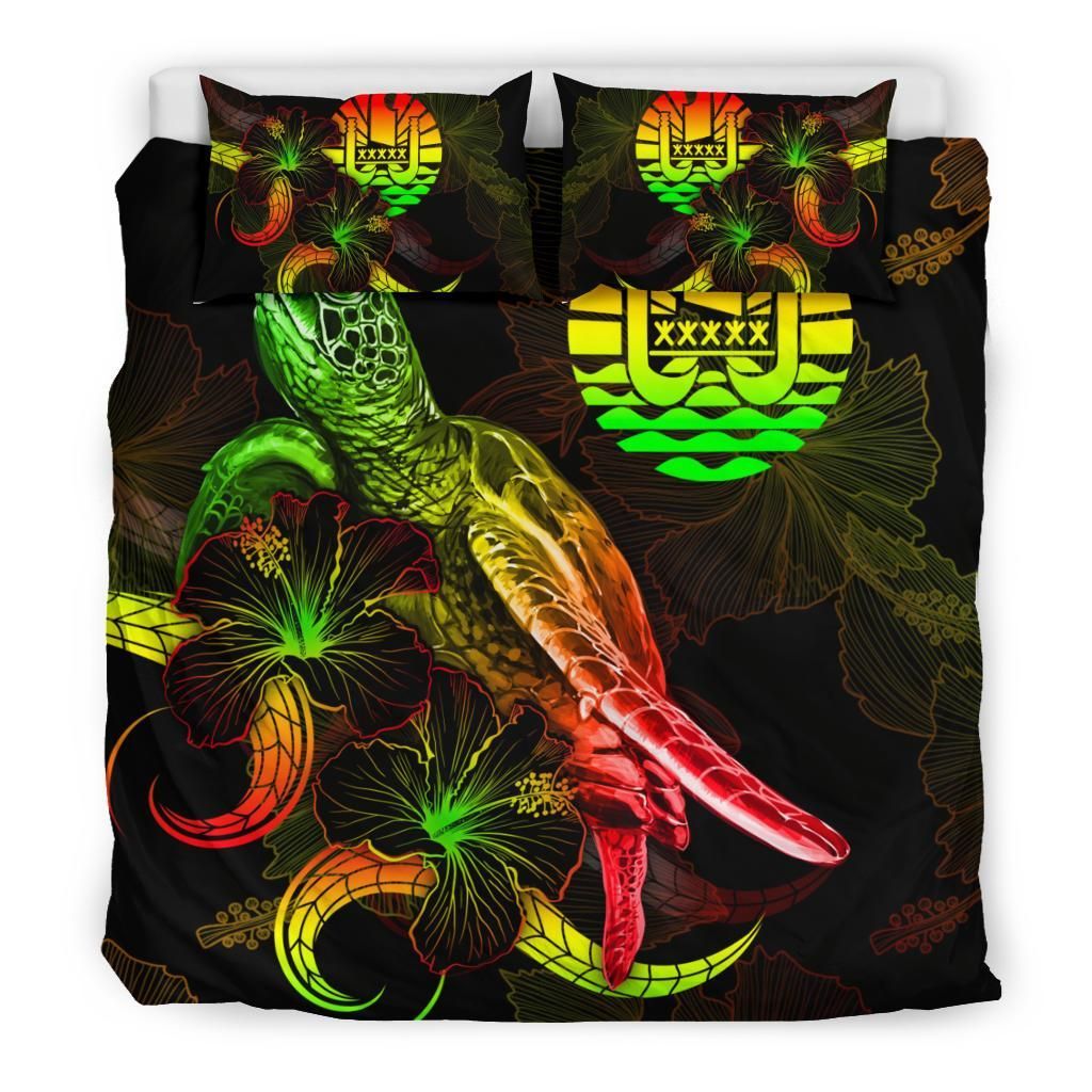 Tahiti Polynesian Bedding Set - Turtle With Blooming Hibiscus Reggae