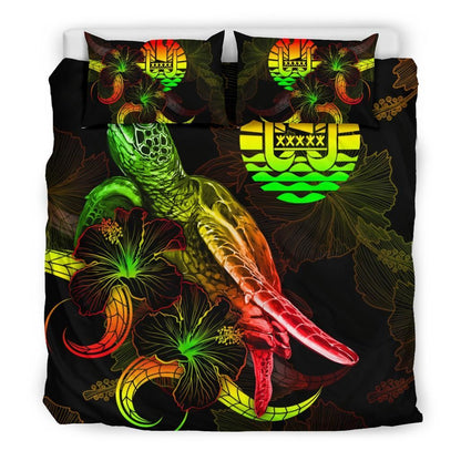 Tahiti Polynesian Bedding Set - Turtle With Blooming Hibiscus Reggae