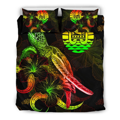 Tahiti Polynesian Bedding Set - Turtle With Blooming Hibiscus Reggae
