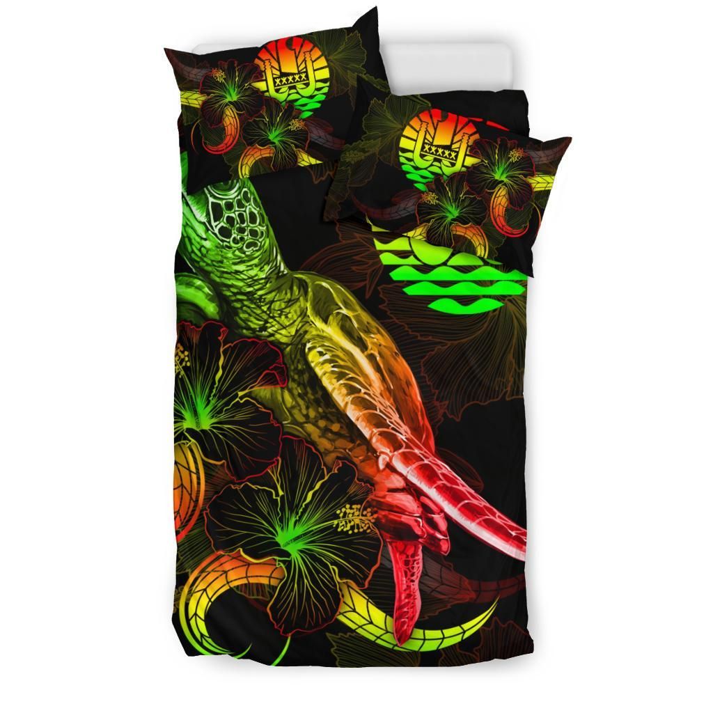 Tahiti Polynesian Bedding Set - Turtle With Blooming Hibiscus Reggae