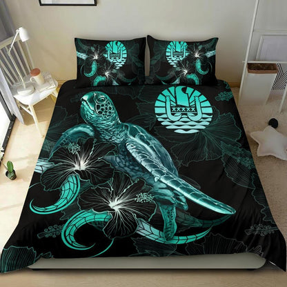 Tahiti Polynesian Bedding Set - Turtle With Blooming Hibiscus Turquoise