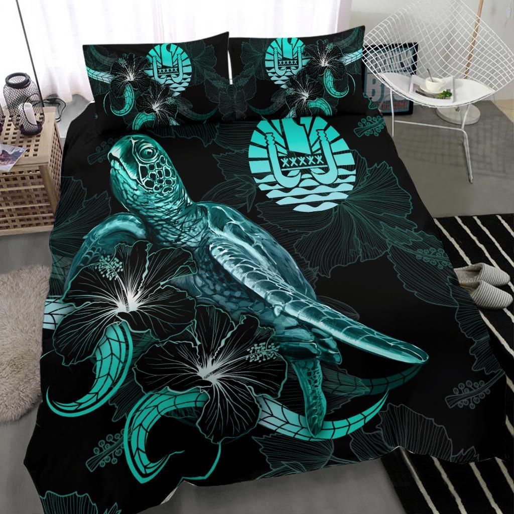 Tahiti Polynesian Bedding Set - Turtle With Blooming Hibiscus Turquoise