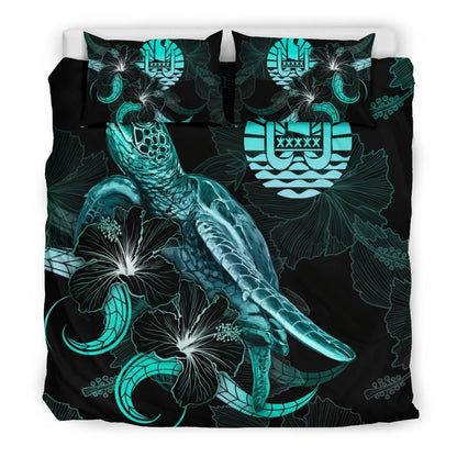 Tahiti Polynesian Bedding Set - Turtle With Blooming Hibiscus Turquoise