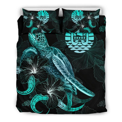 Tahiti Polynesian Bedding Set - Turtle With Blooming Hibiscus Turquoise