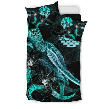 Tahiti Polynesian Bedding Set - Turtle With Blooming Hibiscus Turquoise