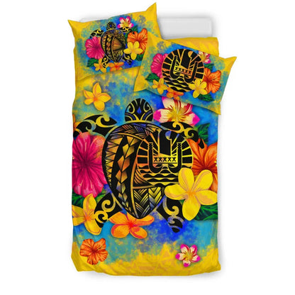 Tahiti Polynesian Bedding Set - Turtle With Plumeria And Hibiscus