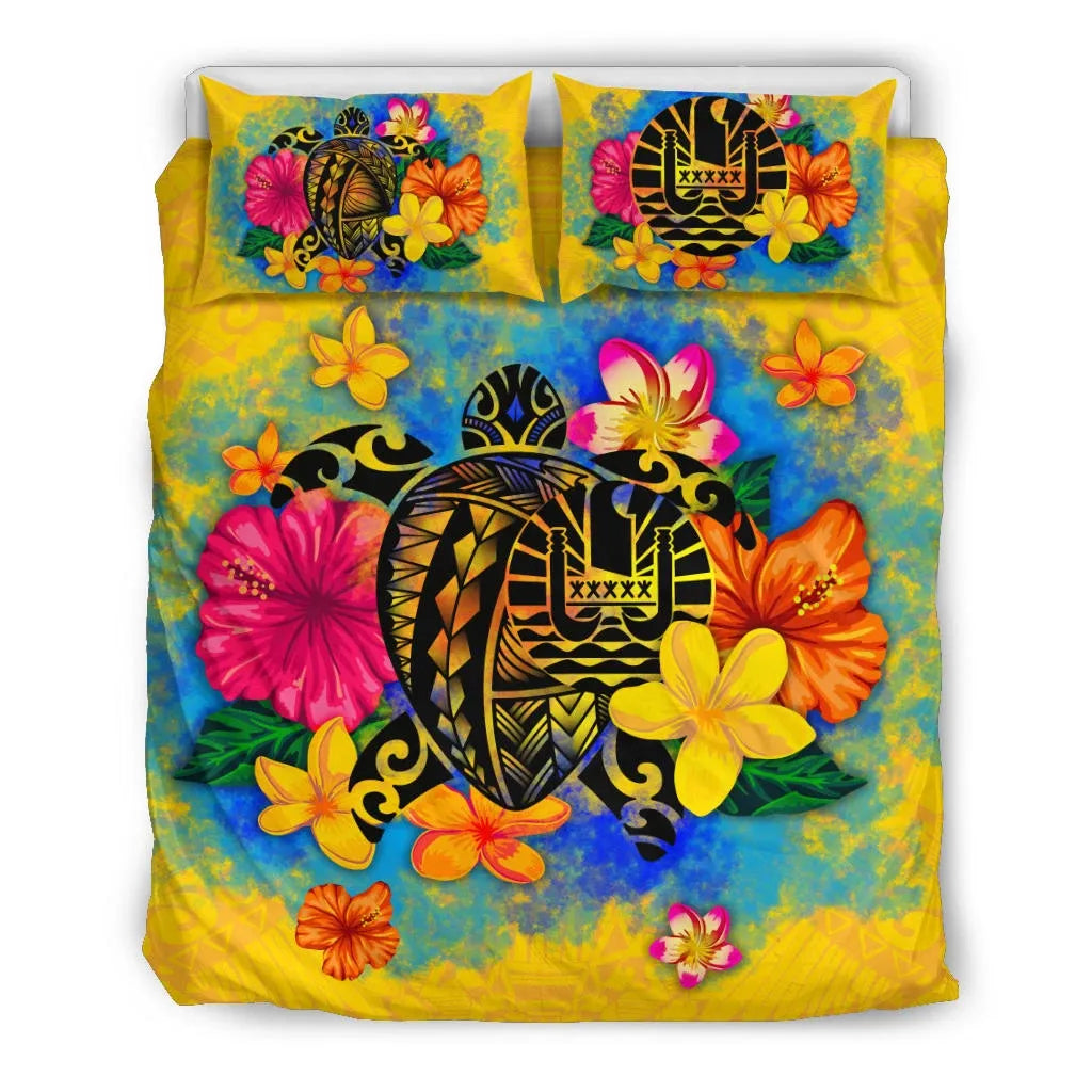 Tahiti Polynesian Bedding Set - Turtle With Plumeria And Hibiscus