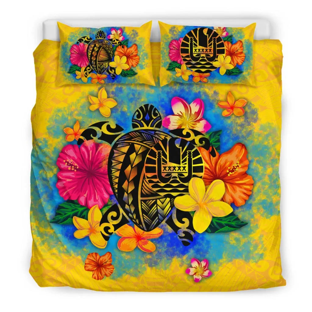 Tahiti Polynesian Bedding Set - Turtle With Plumeria And Hibiscus