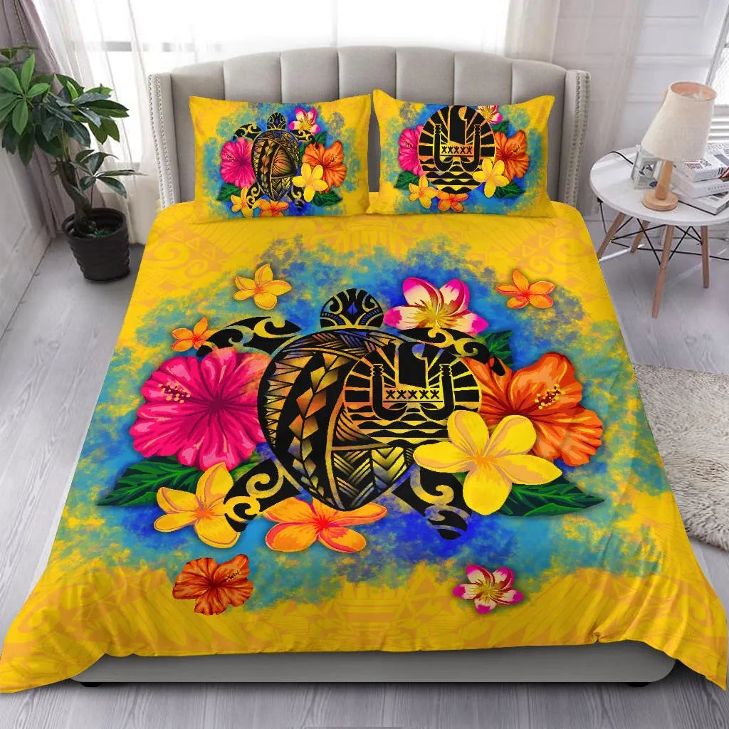 Tahiti Polynesian Bedding Set - Turtle With Plumeria And Hibiscus