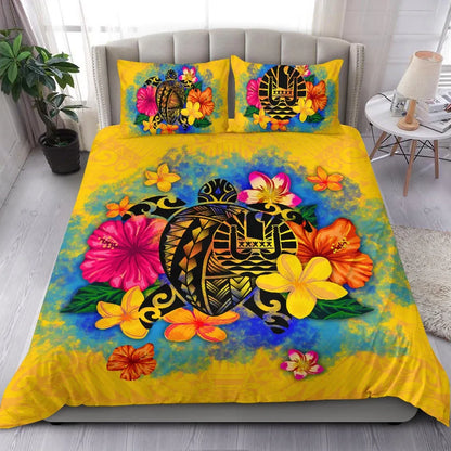 Tahiti Polynesian Bedding Set - Turtle With Plumeria And Hibiscus