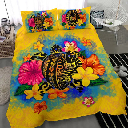 Tahiti Polynesian Bedding Set - Turtle With Plumeria And Hibiscus