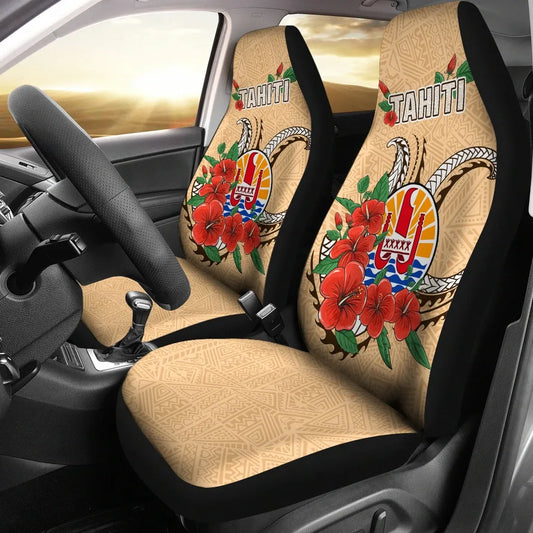 Tahiti Polynesian Car Seat Covers - Hibiscus Coat of Arm Beige