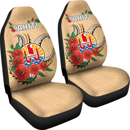 Tahiti Polynesian Car Seat Covers - Hibiscus Coat of Arm Beige