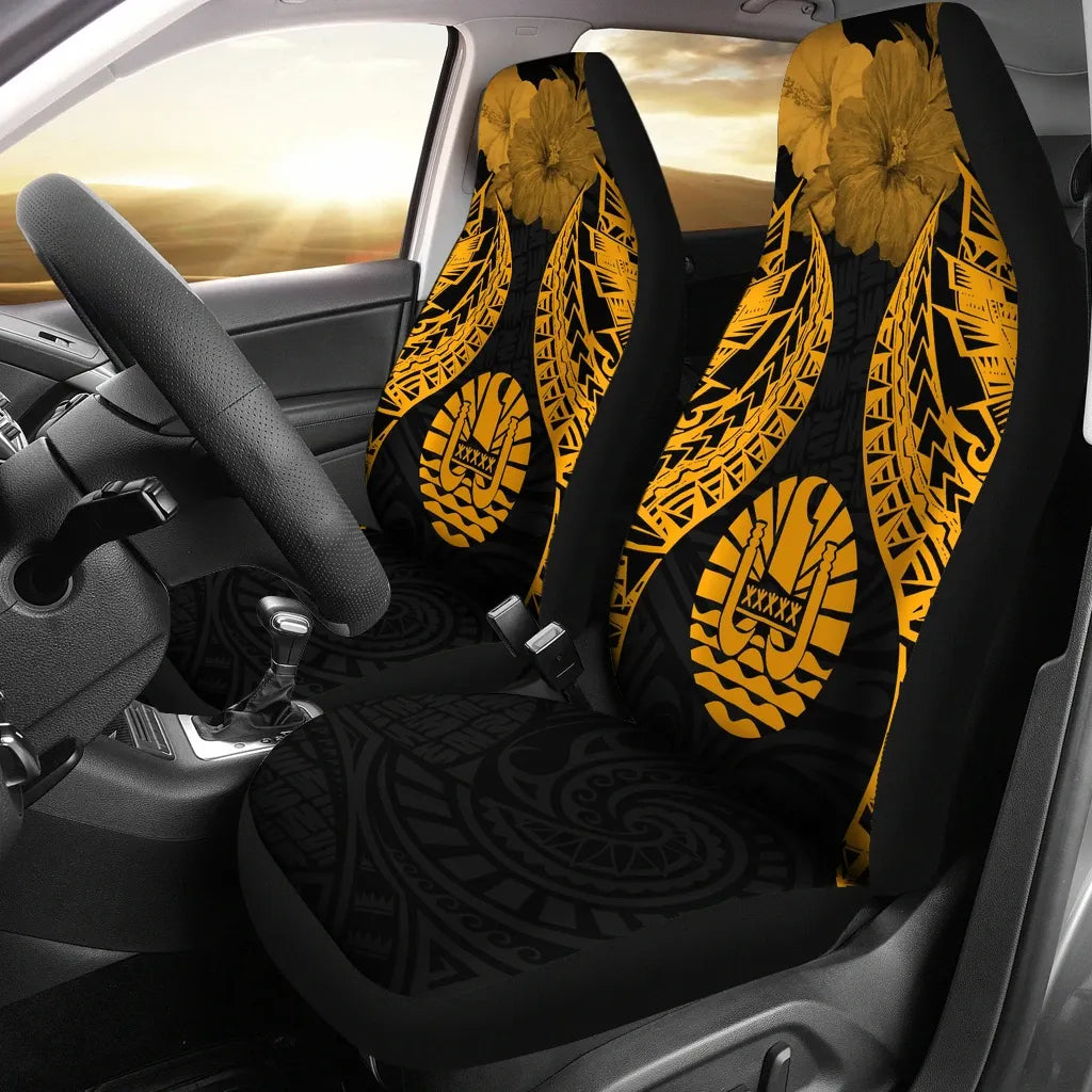 Tahiti Polynesian Car Seat Covers Pride Seal And Hibiscus Gold