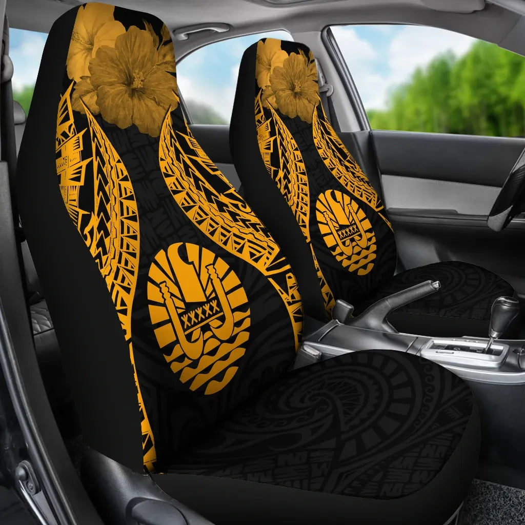Tahiti Polynesian Car Seat Covers Pride Seal And Hibiscus Gold
