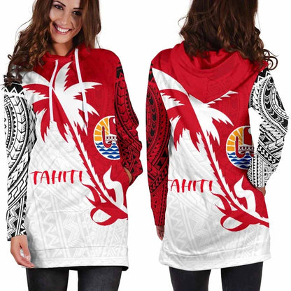 Tahiti Polynesian Hoodie Dress - Tahiti Flag Coconut Tree