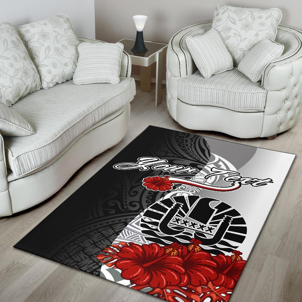 Tahiti Polynesian Custom Personalised Are Rug - Coat Of Arm With Hibiscus White