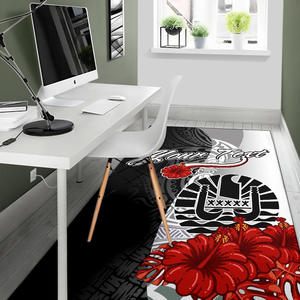 Tahiti Polynesian Custom Personalised Are Rug - Coat Of Arm With Hibiscus White