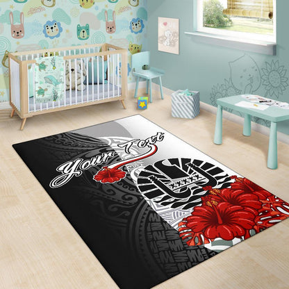 Tahiti Polynesian Custom Personalised Are Rug - Coat Of Arm With Hibiscus White