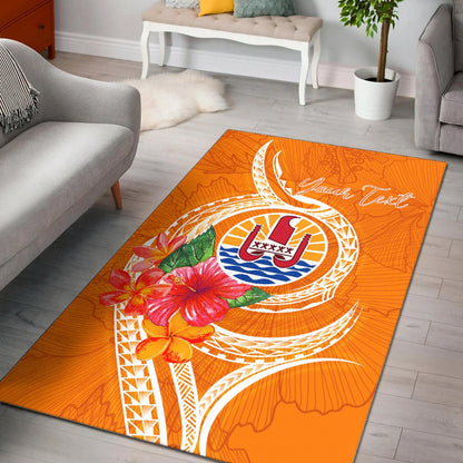 Tahiti Polynesian Custom Personalised Area Rug - Orange Floral With Seal