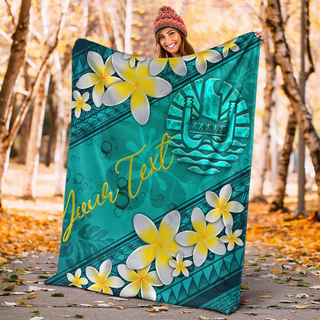 Tahiti Polynesian Custom Personalised Blanket - Plumeria With Blue Ocean