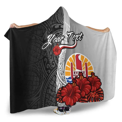 Tahiti Polynesian Custom Personalised Hooded Blanket- Coat Of Arm With Hibiscus White