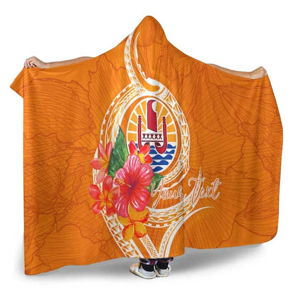 Tahiti Polynesian Custom Personalised Hooded Blanket - Orange Floral With Seal