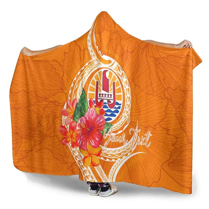 Tahiti Polynesian Custom Personalised Hooded Blanket - Orange Floral With Seal